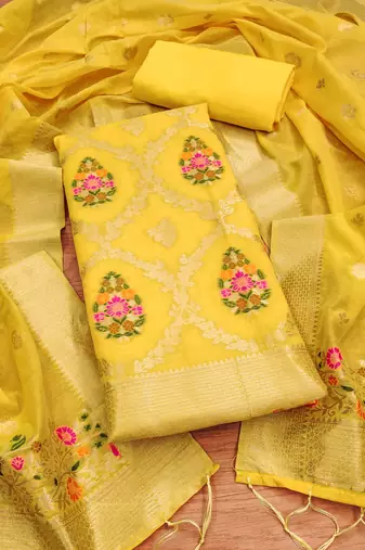 yellow chanderi cotton 3 piece dress material