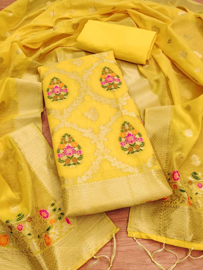 yellow chanderi cotton 3 piece dress material