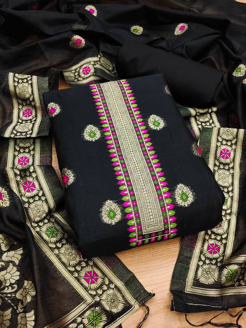 black chanderi cotton 3 piece dress material