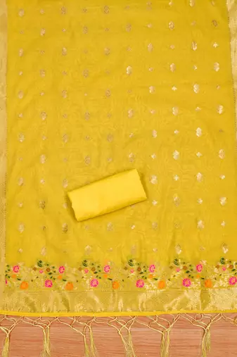 yellow chanderi cotton 3 piece dress material