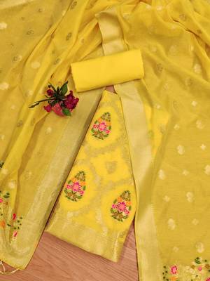 yellow chanderi cotton 3 piece dress material 3