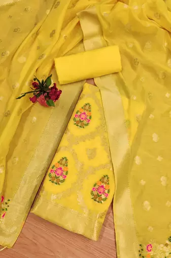 yellow chanderi cotton 3 piece dress material