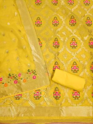 yellow chanderi cotton 3 piece dress material 4