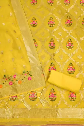 yellow chanderi cotton 3 piece dress material