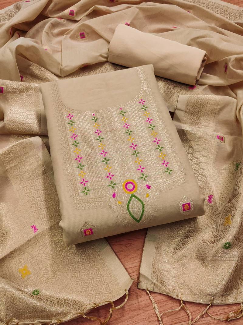 chiku brown chanderi cotton 3 piece dress material