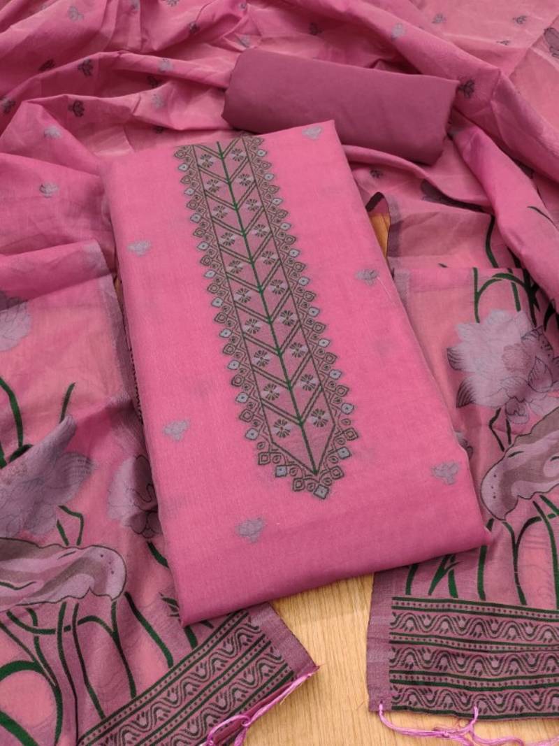pink muga cotton 3 piece dress material