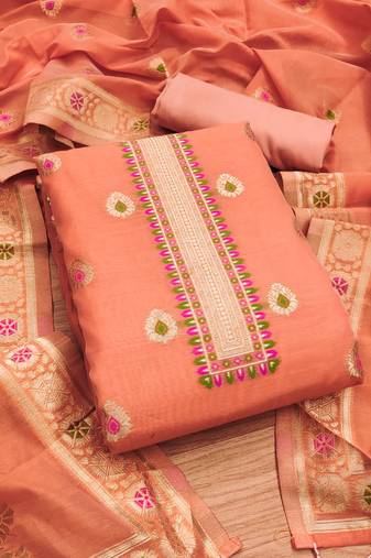 peach chanderi cotton 3 piece dress material