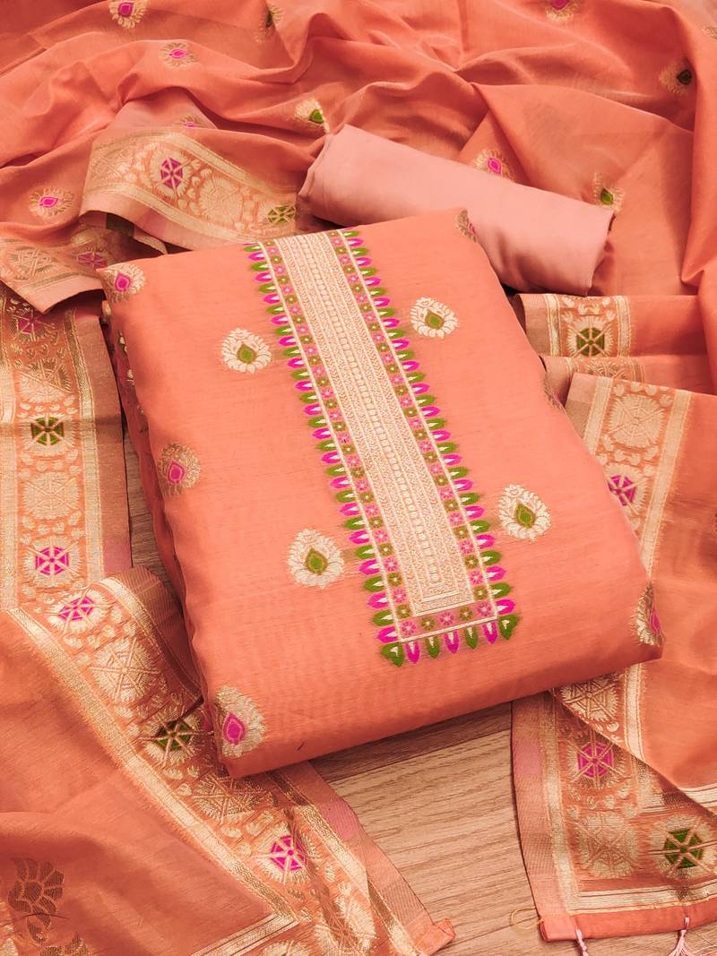 peach chanderi cotton 3 piece dress material
