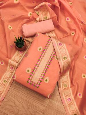 peach chanderi cotton dress material 3