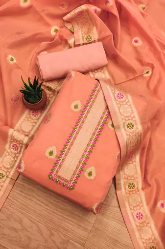 peach chanderi cotton dress material