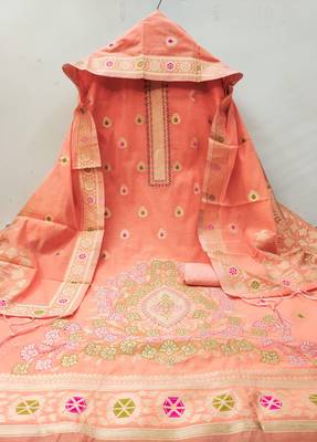 peach chanderi cotton dress material 4