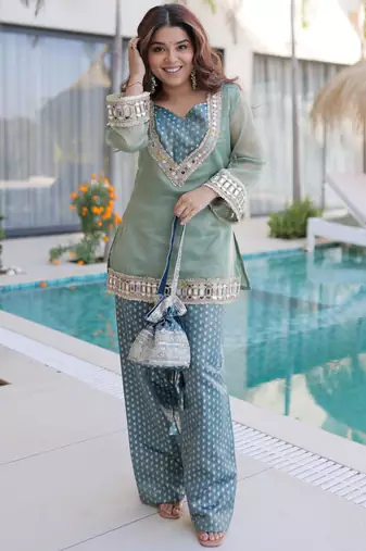 sky blue chinnon kurta pant with mirror and lace work