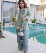 sky blue chinnon kurta pant with mirror and lace work