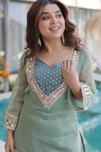 sky blue chinnon kurta pant with mirror and lace work