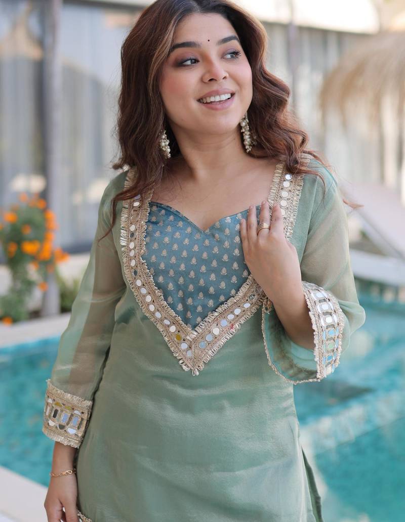 sky blue chinnon kurta pant with mirror and lace work