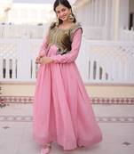 pink mal chanderi flared gown with beads sequins koti