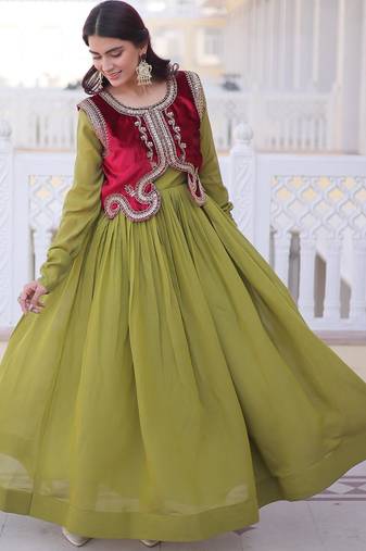 parrot green mal chanderi flared gown with beads sequins koti