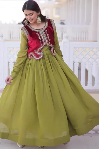 parrot green mal chanderi flared gown with beads sequins koti