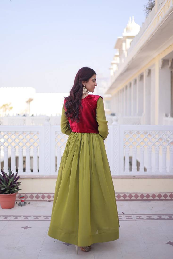 parrot green mal chanderi flared gown with beads sequins koti