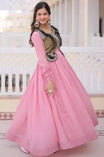 pink mal chanderi flared gown with beads sequins koti