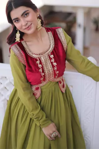parrot green mal chanderi flared gown with beads sequins koti