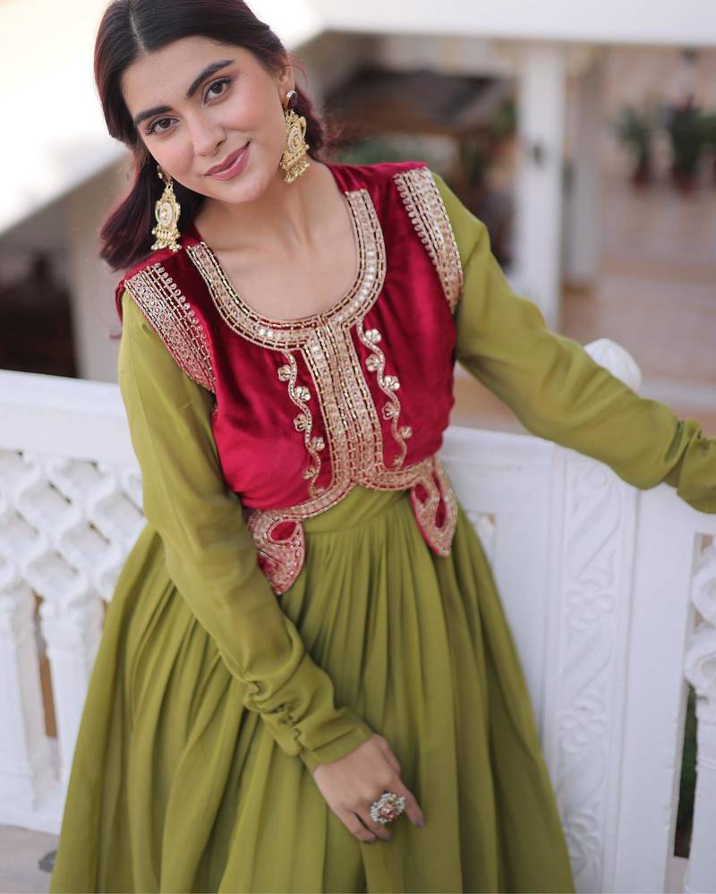 parrot green mal chanderi flared gown with beads sequins koti