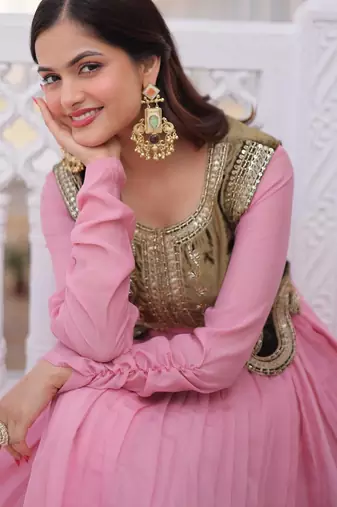 pink mal chanderi flared gown with beads sequins koti