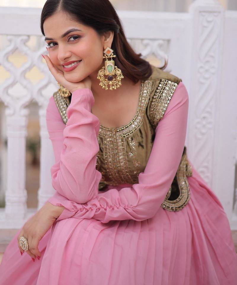 pink mal chanderi flared gown with beads sequins koti