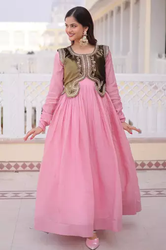 pink mal chanderi flared gown with beads sequins koti
