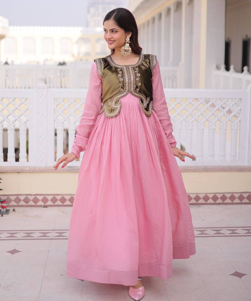 pink mal chanderi flared gown with beads sequins koti