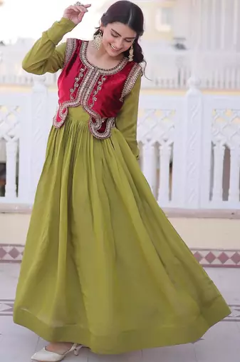 parrot green mal chanderi flared gown with beads sequins koti