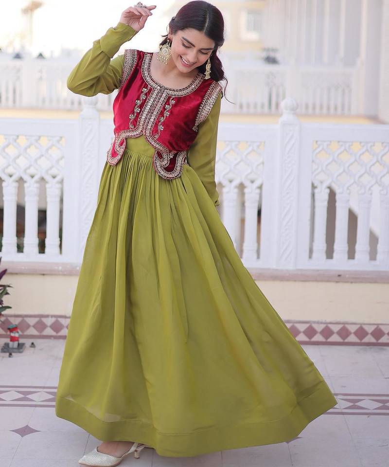 parrot green mal chanderi flared gown with beads sequins koti