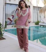 peach chinnon kurta pant with mirror and lace work