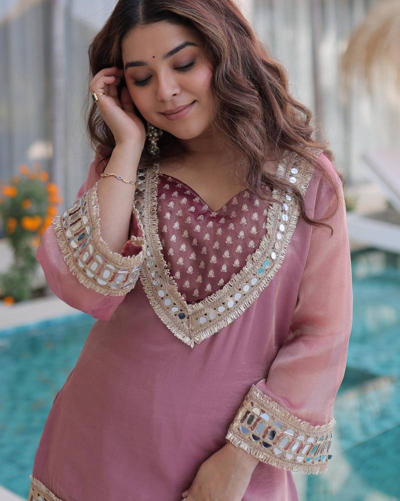 peach chinnon kurta pant with mirror and lace work