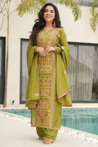 parrot green chinnon kurta pant with zari embroidered dupatta