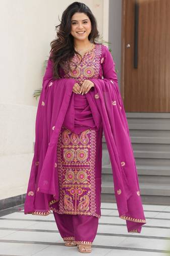 magenta chinnon kurta pant with zari embroidered dupatta