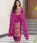 magenta chinnon kurta pant with zari embroidered dupatta