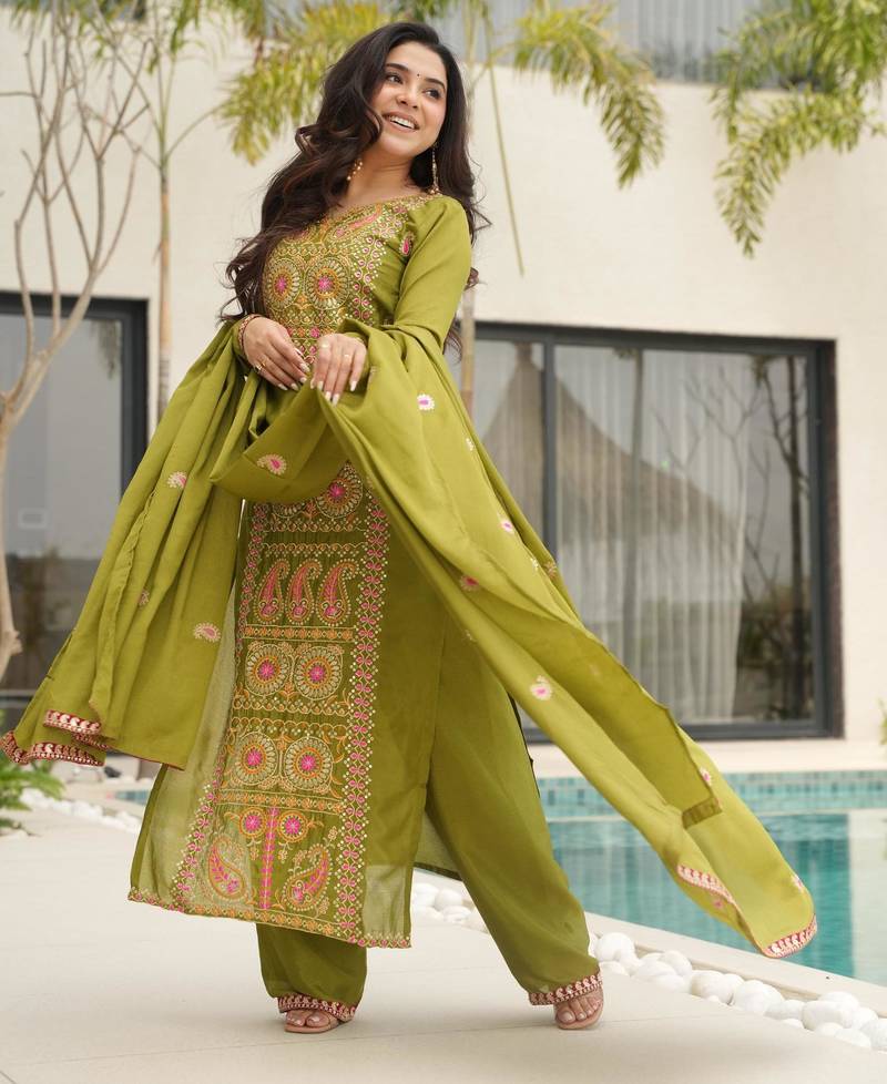 parrot green chinnon kurta pant with zari embroidered dupatta
