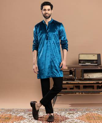 blue velvet kurta pajama with embroidered work 1