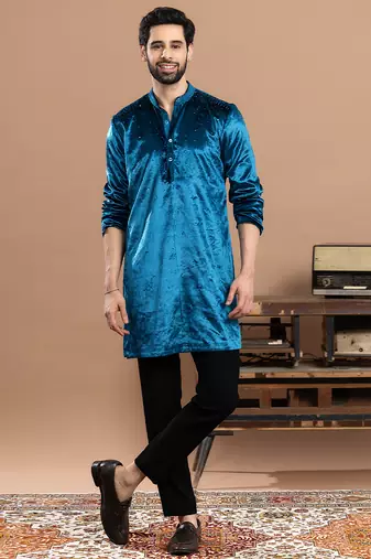 Blue embroidered velvet kurta pajama