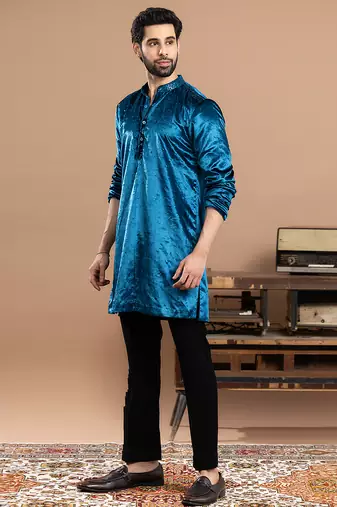 blue velvet kurta pajama with embroidered work