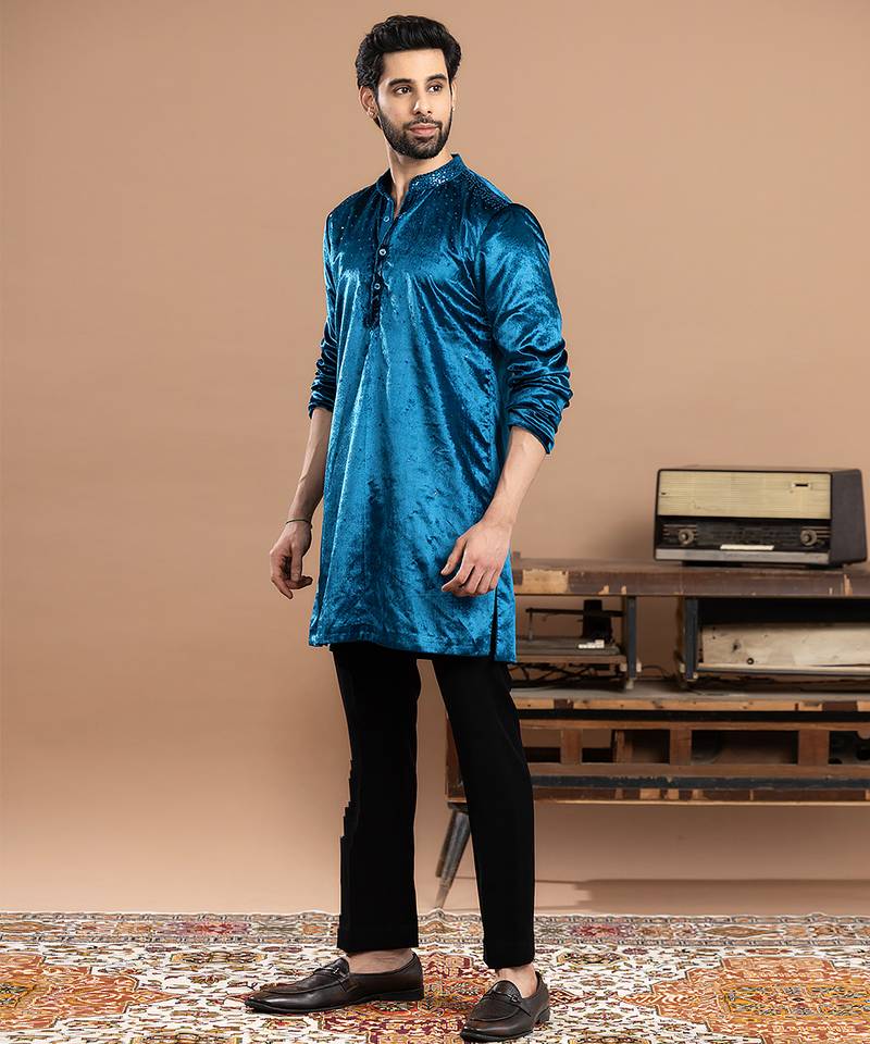 Blue embroidered velvet kurta pajama