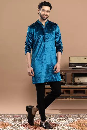 blue velvet kurta pajama with embroidered work