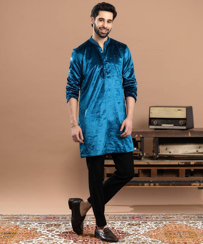 Blue embroidered velvet kurta pajama