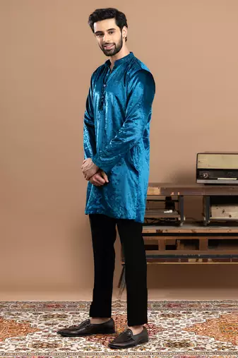 blue velvet kurta pajama with embroidered work