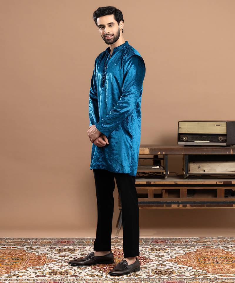 Blue embroidered velvet kurta pajama