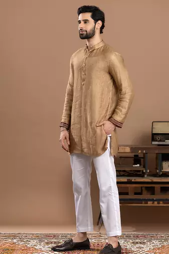 gold tissue kurta pajama with embroidered work