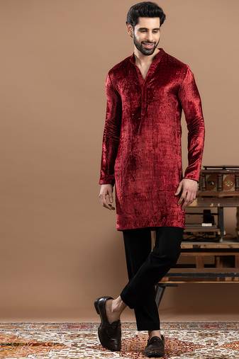 Maroon embroidered velvet kurta pajama