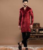 Maroon embroidered velvet kurta pajama