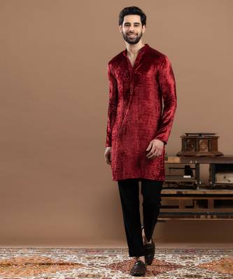 maroon velvet kurta pajama with embroidered work 2